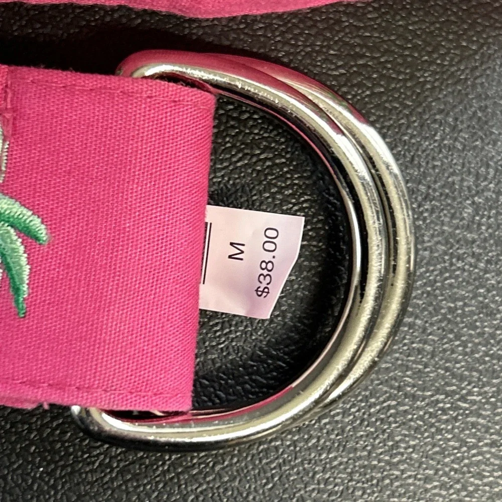 Talbots Women's Medium Pink Green Palm Tree Belt Adjustable Embroidered Beachy